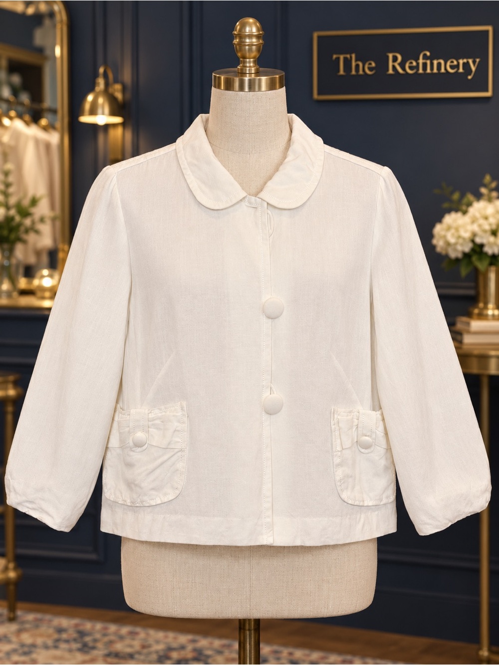 Larry Levine white Cream linen swing Button-Front Blazer Jacket